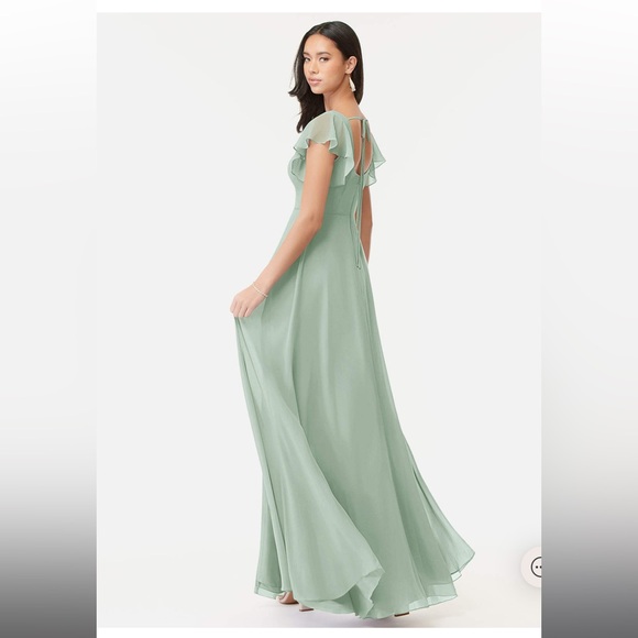 Light Green/Agave A-Line Ruffled Chiffon Floor Length Azazie Bondi Dress - Picture 4 of 8
